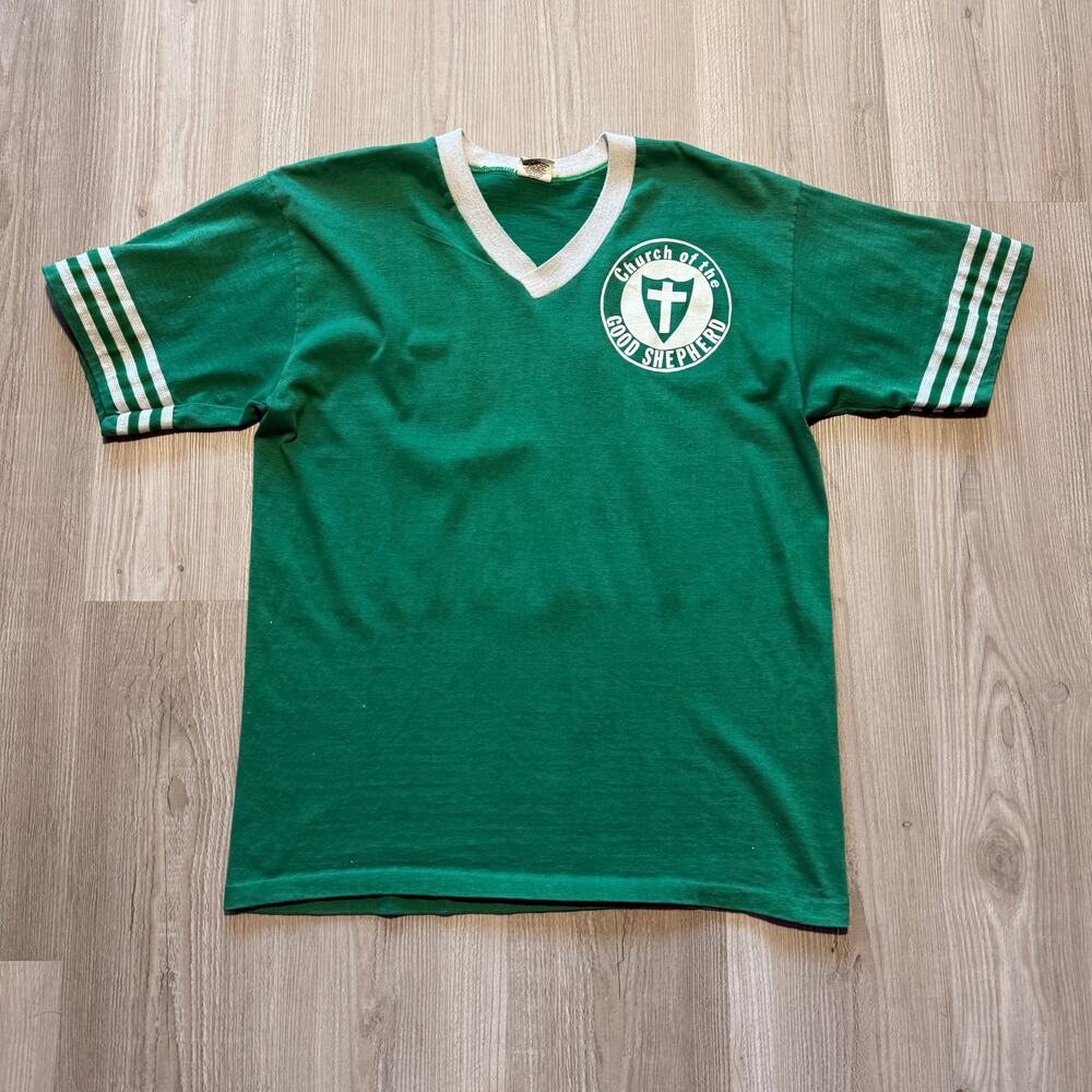 Men's Vintage 80's Church of the Good Shepherd Green V-Neck Jersey Shirt Sz XL